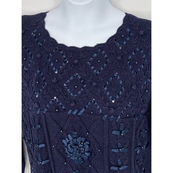 Carolina Colours Navy Blue Pearl Ribbon Detail Pullover Sweater Size L - Picture 2 of 7